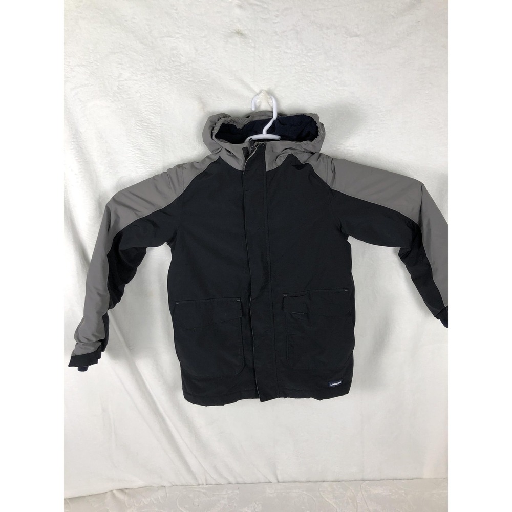 Lands' End Jacket Boys Medium 10-12 Black Gray Hooded Fleece Lined Winter Parka